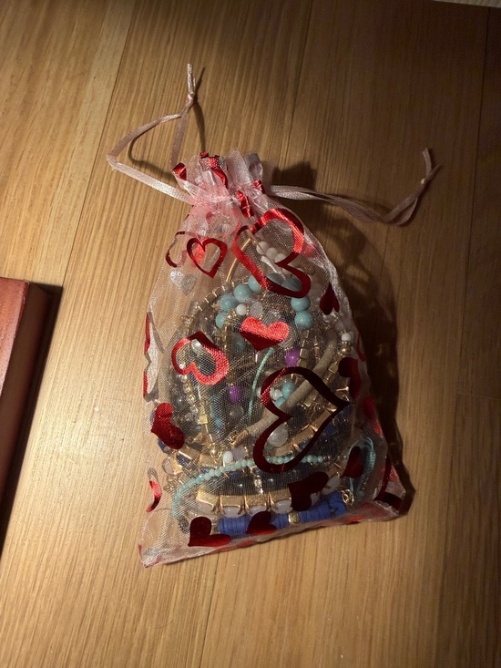 Accessories - Heart-Print Organza Jewelry Gift Bag with Mixed Bead Bracelets